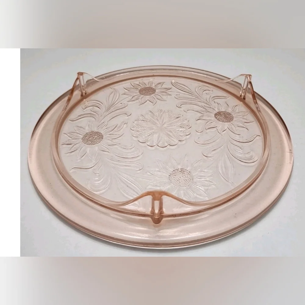 Jeannette Sunflower Style Glass Pink Depression Footed Cake Plate